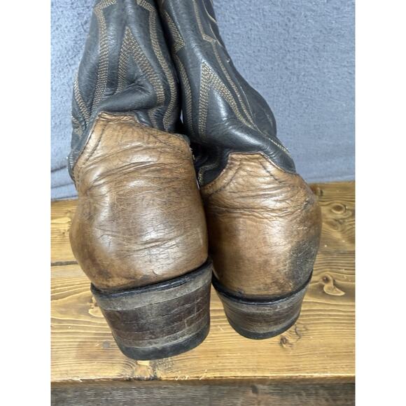 Vintage Tony Lama Mens 10D Leather Cowboy Western Boots Black Brown Made in USA